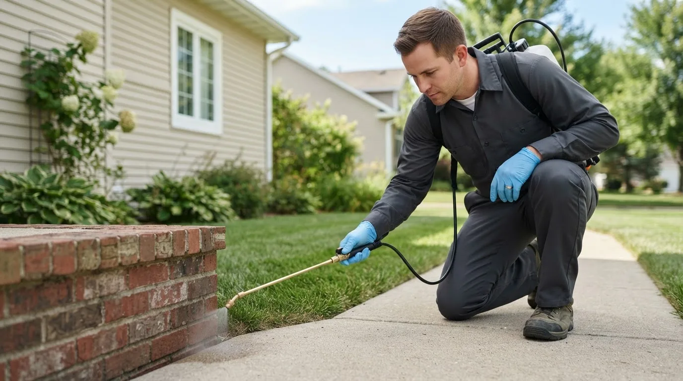 Pest control technician treating a home near Loco, OK