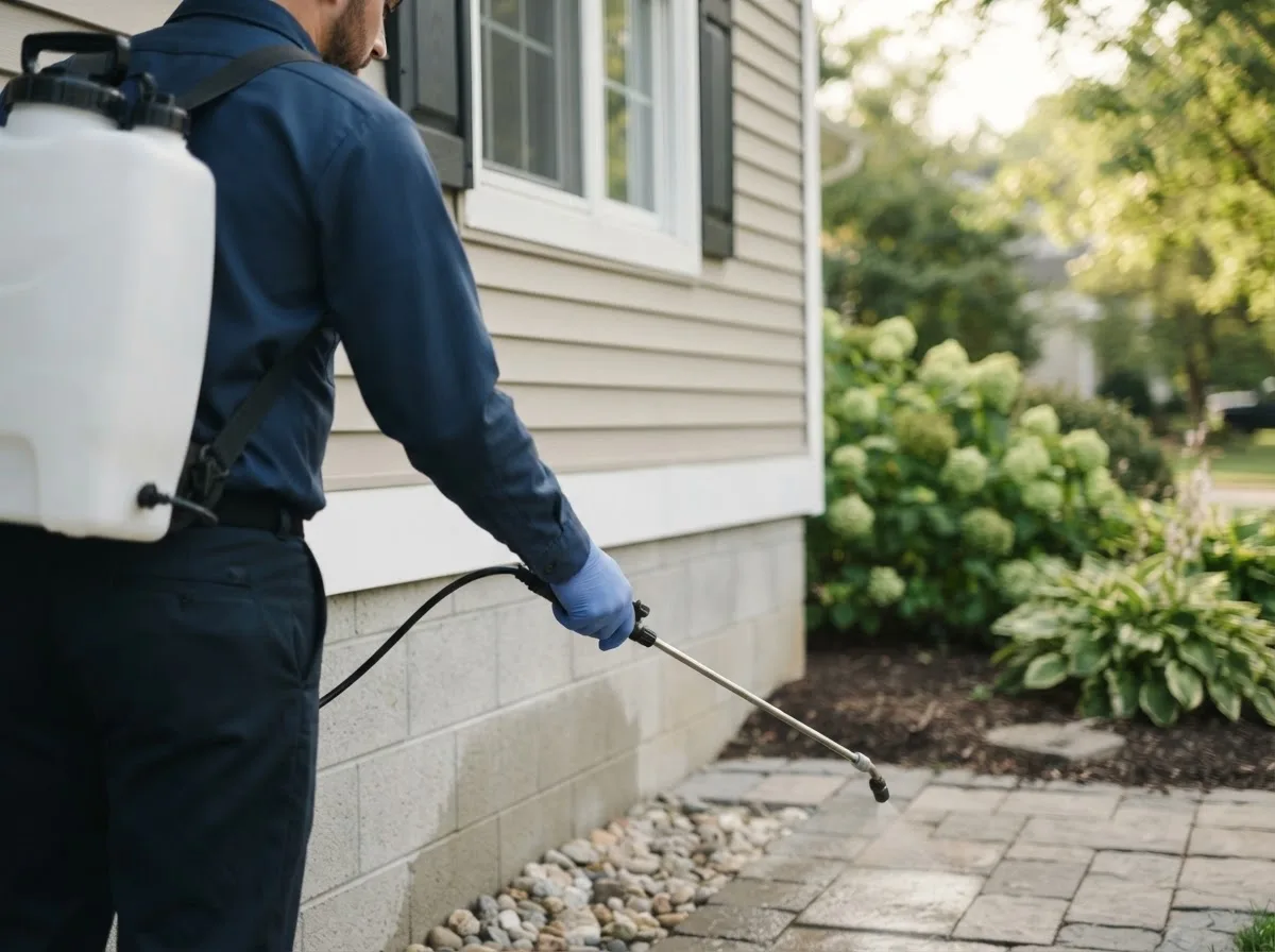 Pest control technician inspecting a home in Loco, OK